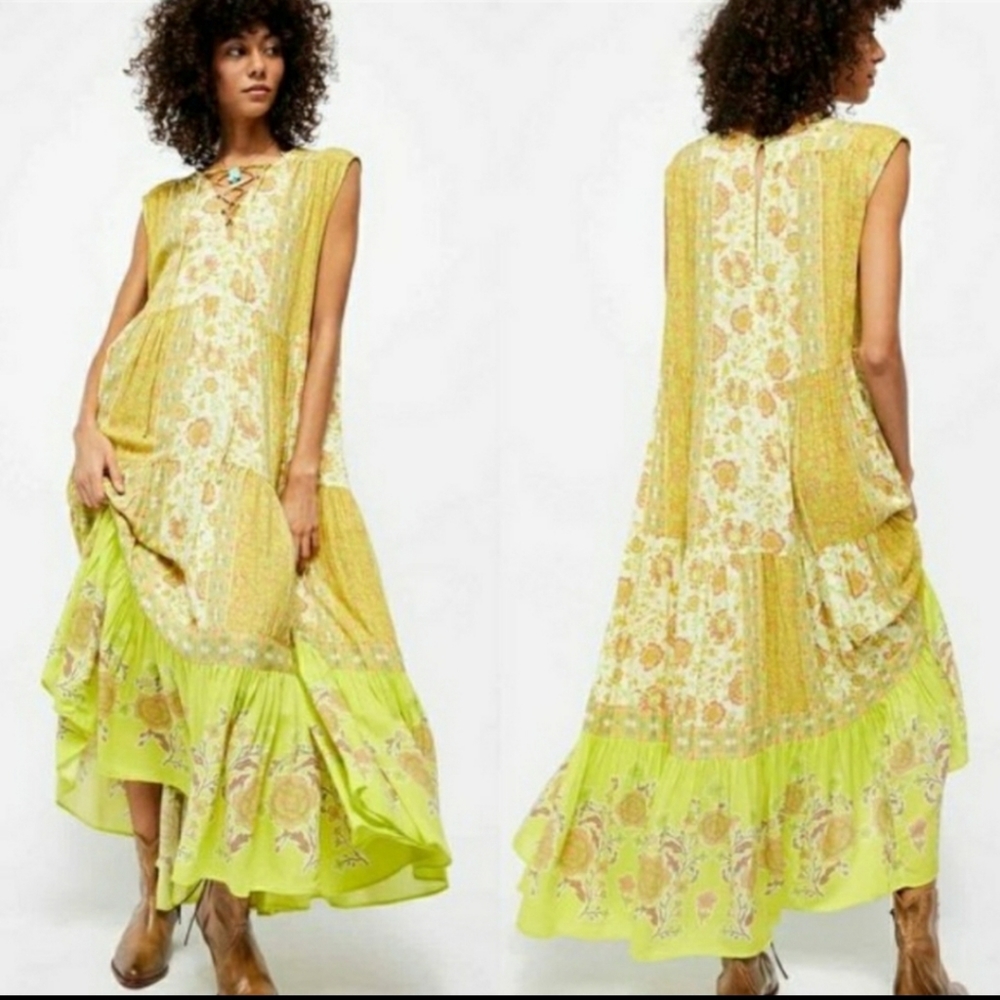 Free People Hanalei Bay Dress Maxi Flowy Mixed Floral Print Coconut Milk XS NWT - Picture 1 of 12
